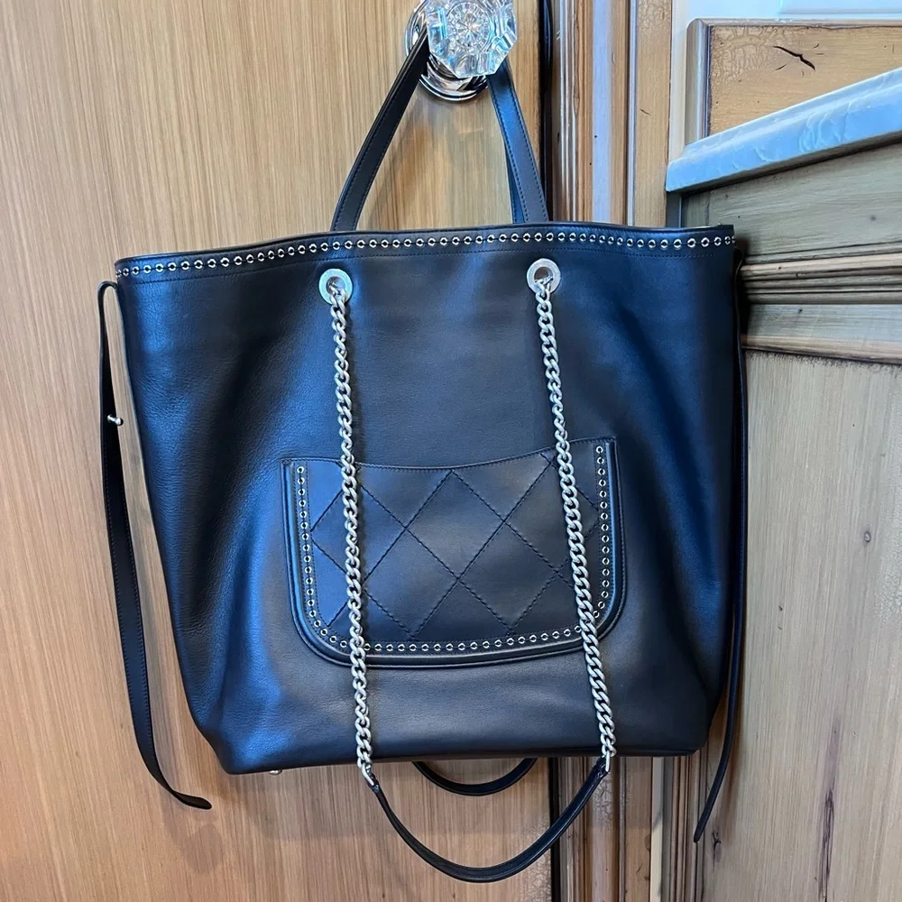 CHANEL COCO EYELET LARGE SHOPPING TOTE Black Calfskin Chain CC Bag Rare